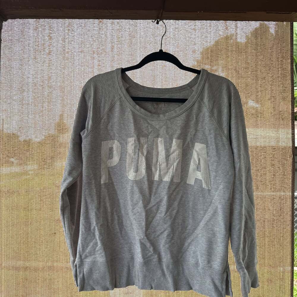 PUMA Gray Crew Neck Sweatshirt with White Logo - Women's Casual Pullover - Picture 2 of 3